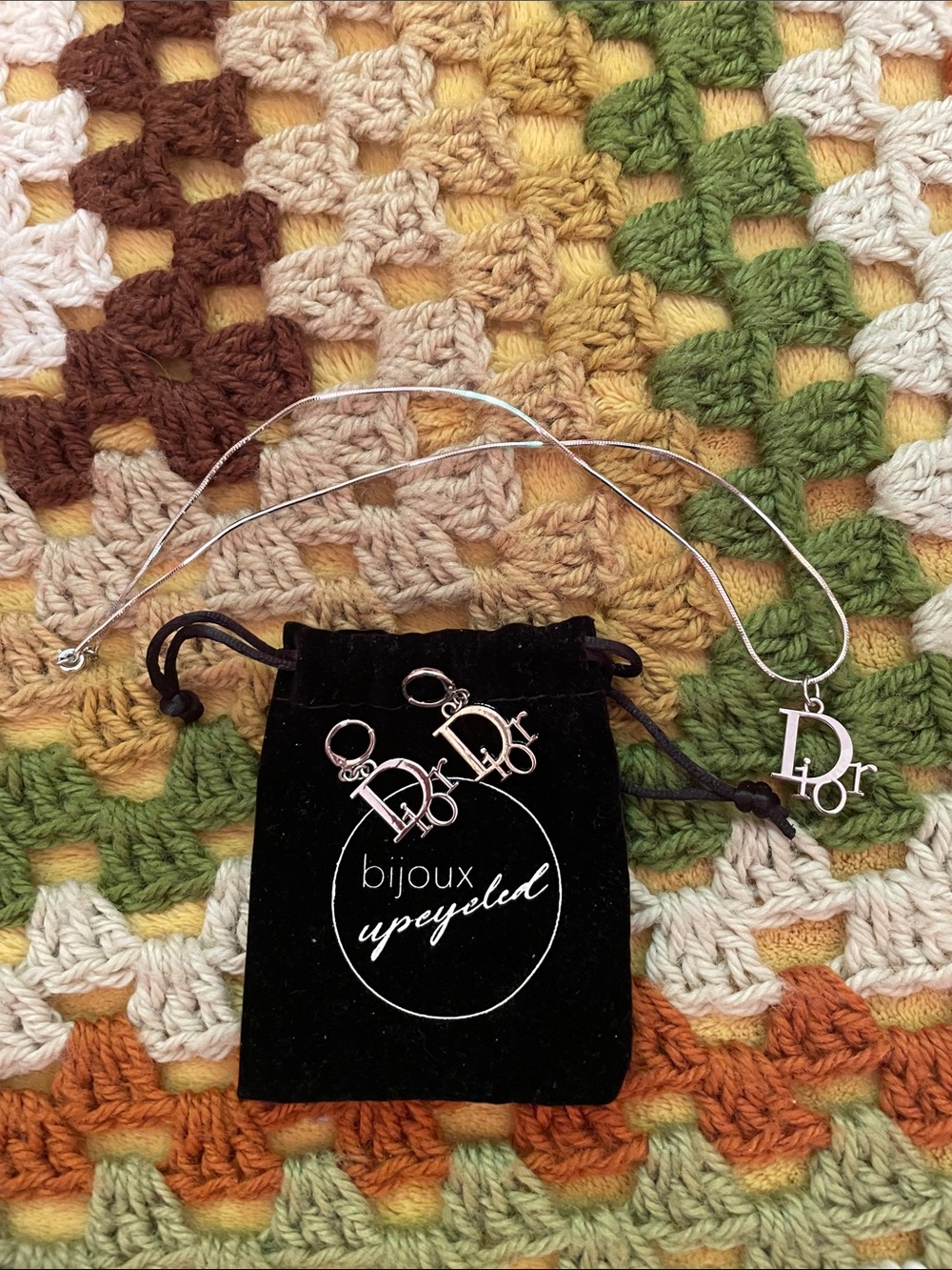 Dior Silver Logo Necklace and Matching Earrings